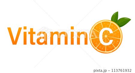 Vitamin C, orange fruit and letter C with two green leaves. Vitamin concept with slice of juicy orange. Healthy complex with chemical formula from nature. 113761932