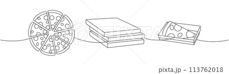 Pizza one line continuous drawing. Whole pizza with ingredients, pizza boxes, slice continuous one line illustration. Vector linear illustration. 113762018