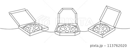 Traditional pizza in boxes one line continuous drawing. Traditional italian fast food continuous one line illustration. 113762020
