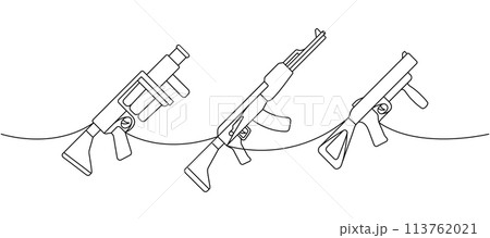 Various modern weapons one line continuous drawing. Grenade launcher, assault rifle AK 47 continuous one line illustration. Vector linear illustration 113762021