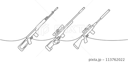 Set of sniper rifles one line continuous drawing. Various modern weapons continuous one line illustration. Vector linear illustration. 113762022