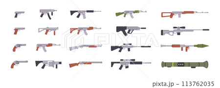 Modern weapons. Military weapons silhouettes. Tactical assault rifles, smoothbore guns. Vector illustration. Modern weapons. Military weapons silhouettes. Tactical assault rifles, smoothbore guns. Vector illustration. 113762035