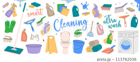 Set of cleaning tools. Toilet bowl, floor mop, bucket, plunger, scoop, sponges, washcloths, brushes, cleaners, towels. Housekeeping service equipment. Set of cleaning tools. Toilet bowl, floor mop, bucket, plunger, scoop, sponges, washcloths, brushes, cleaners, towels. Housekeeping service equipment. 113762036