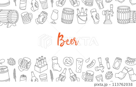 Beer outline banner. Old wooden barrels, cans, glasses, mugs. Brewing process, brewery factory production. Vector illustration. 113762038