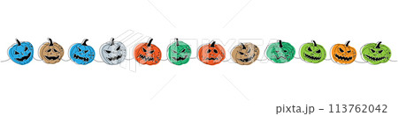 Pumpkins scary faces. Autumn pumpkins with scary faces one line colored continuous drawing. Halloween vegetables continuous one line illustration. 113762042