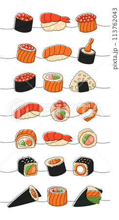 Sushi rolls set. Japanese traditional food one line drawing. Ikura sushi, tobiko maki, philadelphia roll, onigiri, shrimp nigiri, tekkamaki tuna roll 113762043