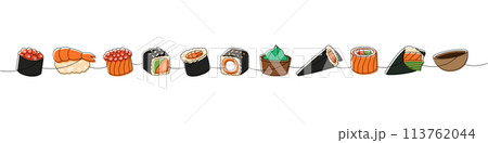 Set of sushi rolls. Japanese cuisine, traditional food one line drawing. Ikura sushi, tobiko maki, shrimp nigiri, tekkamaki tuna roll, futomaki 113762044