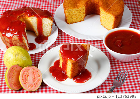 Homemade corn cake with guava paste on a table, selective focus, Typical Brazilian party food 113762998
