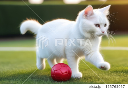 cat plays football on green grass in the garden cat plays football on green grass in the garden 113763067