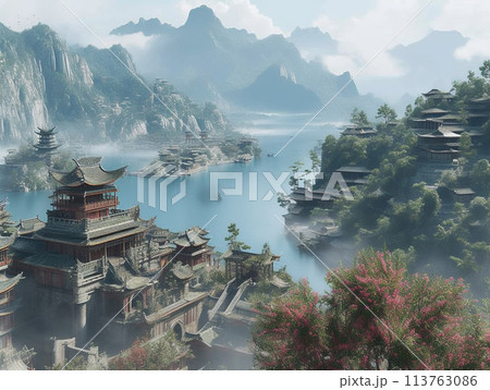 霧に包まれた城郭　街並み　イラスト 113763086