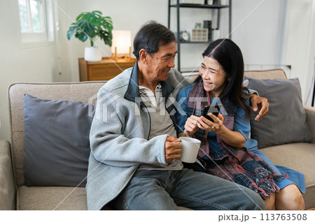 Retired elderly couple sits on couch drink tea and using mobile together and relax in their home. Senior Activity Concept 113763508