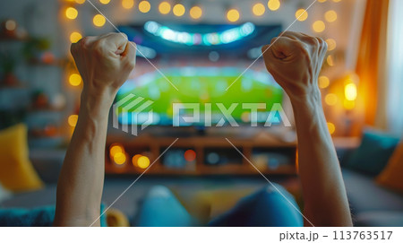 Sport fans Celebrating Goal in Home Soccer Match Viewing. Generative AI 113763517