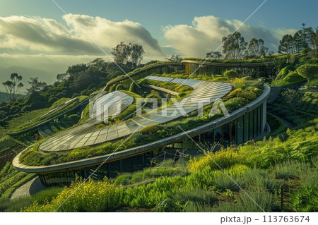 Solar panels in solar farm. Renewable and eco green energy. Generative AI Solar panels in solar farm. Renewable and eco green energy. Generative AI 113763674