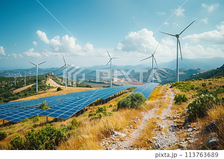 Solar panels in solar farm. Renewable and eco green energy. Generative AI Solar panels in solar farm. Renewable and eco green energy. Generative AI 113763689