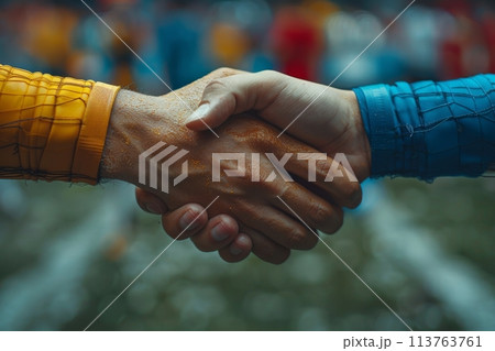Athlete handshake when winning football match. Generative AI 113763761