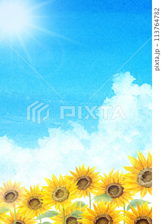 水彩で描いた入道雲とひまわり畑　はがきテンプレート 113764782