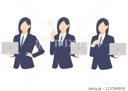 PCを持ちながら、ひらめき、PC画面を見せて説明をする女性ビジネスパーソン上半身 113764939