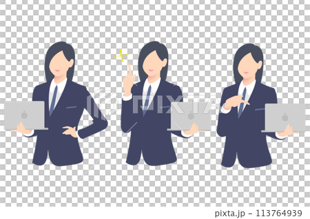 PCを持ちながら、ひらめき、PC画面を見せて説明をする女性ビジネスパーソン上半身 113764939