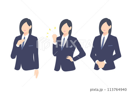説明案内、ガッツポーズ、かしこまる女性ビジネスパーソン上半身 113764940