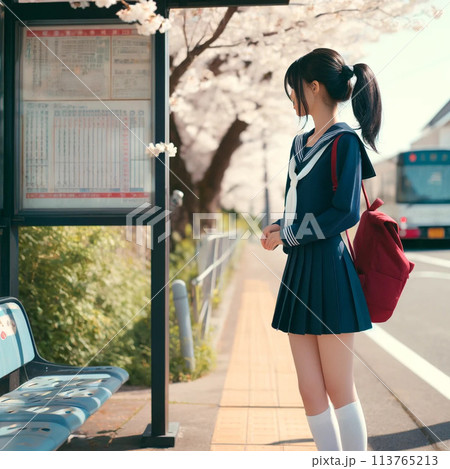 桜の下を歩く制服の女子高生 113765213