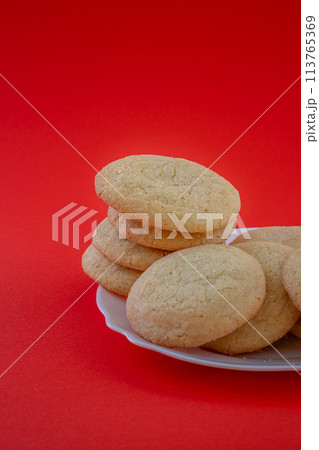 Delicious sugar cookies on wooden table, closeup 113765369