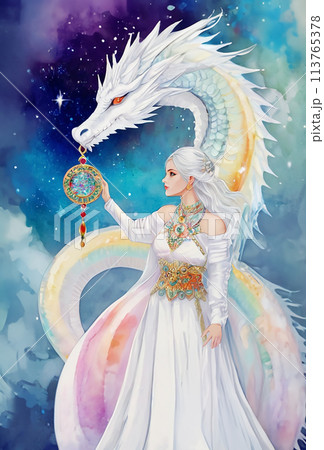 瀬織津姫と白龍のスピリチュアル宇宙イラストアートのイラスト素材