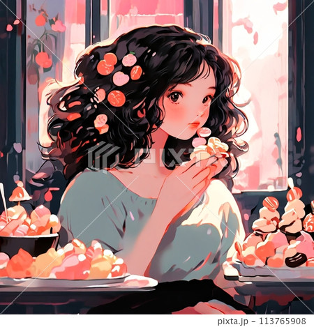 スイーツを美味しそうに食べる美女 113765908