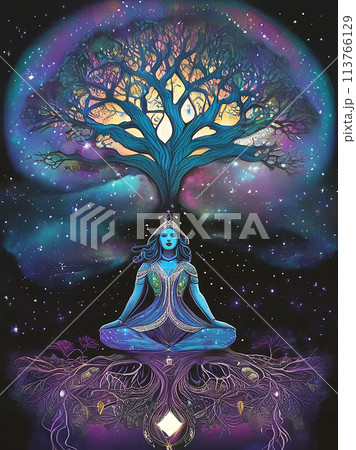 瞑想 yoga ヨガ ツリーオブライフ 宇宙 スピリチュアル イラスト アート 113766129