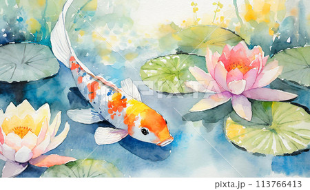 水彩で描いた睡蓮の花と鯉のイラスト素材 [113766413] - PIXTA