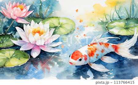 水彩で描いた睡蓮の花と鯉 113766415