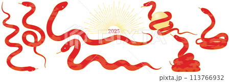 2025年巳年の年賀状素材、和柄模様の赤蛇のポーズセット 113766932