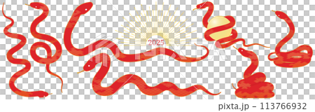 2025年巳年の年賀状素材、和柄模様の赤蛇のポーズセット 113766932