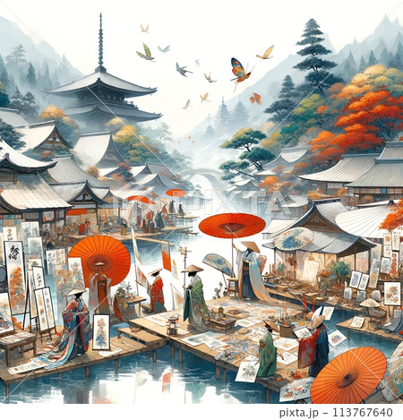 水彩画のような日本風景のイラスト素材 [113767640] - PIXTA