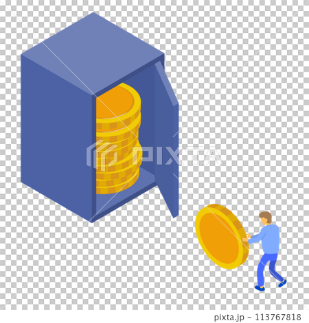 一名男子將錢存入保險箱並保存。等距插圖。投資和儲蓄的形象。 一名男子將錢存入保險箱並保存。等距插圖。投資和儲蓄的形象。 113767818