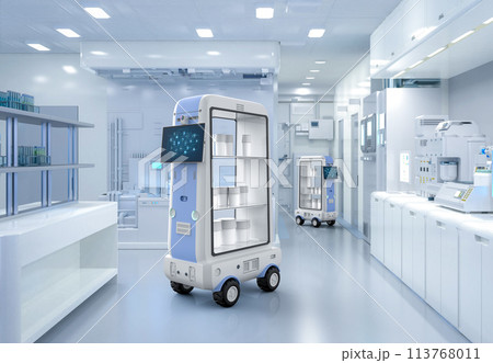 Delivery robot trolley or robotic assistant carry stuff in laboratory Delivery robot trolley or robotic assistant carry stuff in laboratory 113768011