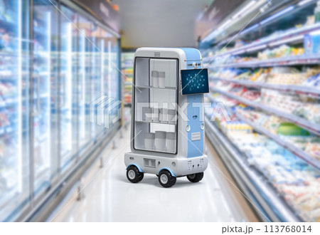 Delivery robot trolley or robotic shopping assistant deliver products in supermarket Delivery robot trolley or robotic shopping assistant deliver products in supermarket 113768014