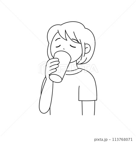 飲み物を飲む女性・線画 113768071