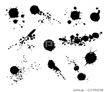 血しぶき、血痕、液体の飛び散りのシルエットセット 113768206