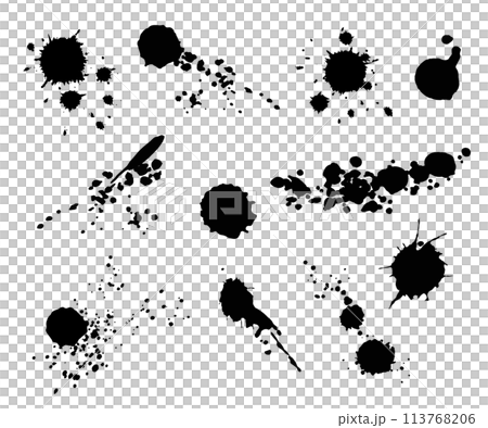 血しぶき、血痕、液体の飛び散りのシルエットセット 113768206