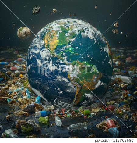Planet Earth surrounded by plastic waste. World Environment Day Concept. Mother Earth Day Concept. 113768680