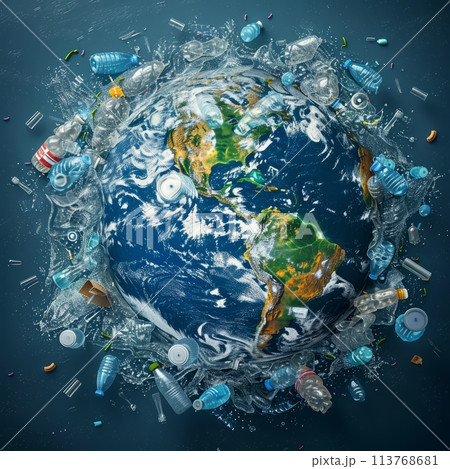 Planet Earth surrounded by plastic waste. World Environment Day Concept. Mother Earth Day Concept. 113768681