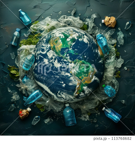 Planet Earth surrounded by plastic waste. World Environment Day Concept. Mother Earth Day Concept. 113768682