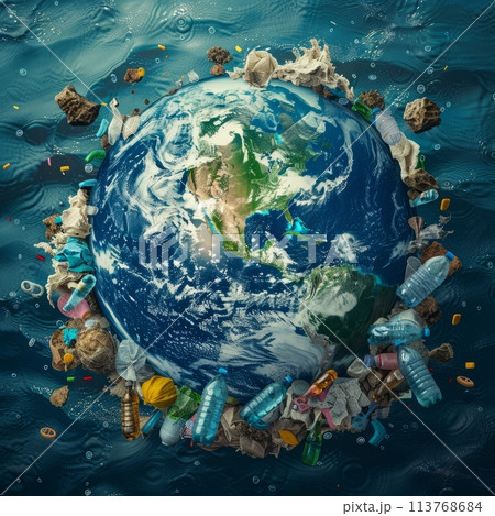 Planet Earth surrounded by plastic waste. World Environment Day Concept. Mother Earth Day Concept. 113768684