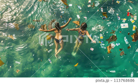 Two people swimming in the sea full of plastic waste 113768686