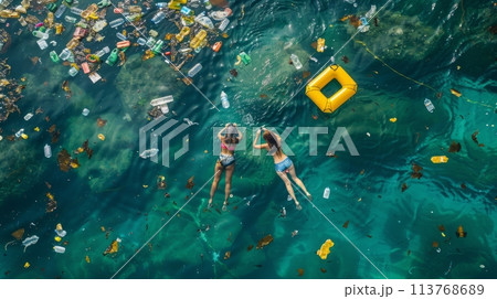 Two people swimming in the sea full of plastic waste Two people swimming in the sea full of plastic waste 113768689