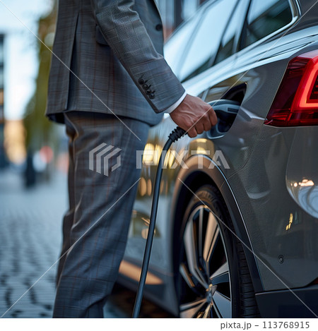 Businessman charging electric vehicle downtown. Generative AI. 113768915