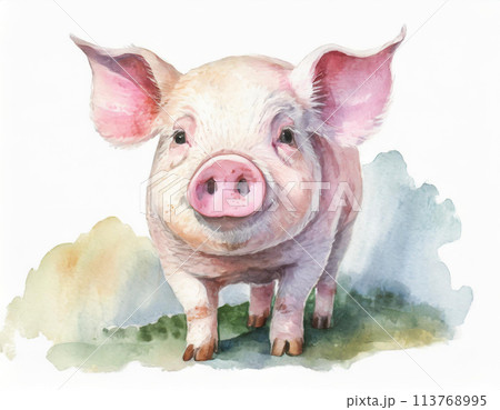 水彩で描いたピンク色のブタのイラスト素材 [113768995] - PIXTA