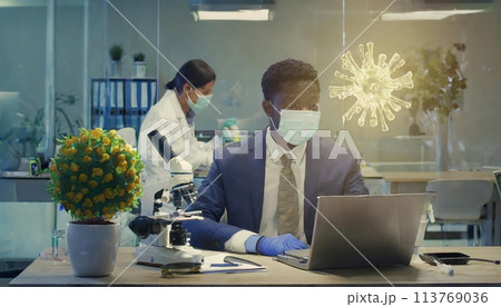 Man in Suit and Woman in Mask Working on Laptop. Generative AI 113769036