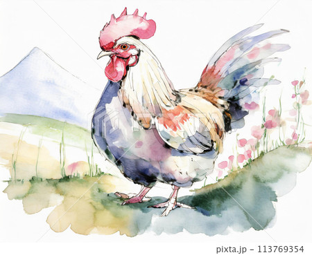 水彩で描いたニワトリのイラスト 水彩で描いたニワトリのイラスト 113769354