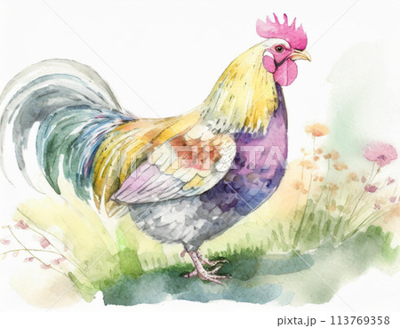 水彩で描いたニワトリのイラストのイラスト素材 [113769358] - PIXTA